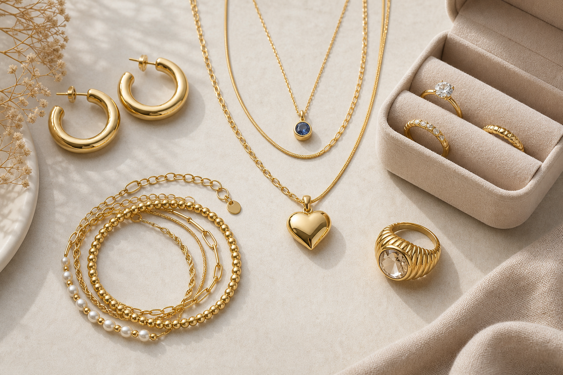 Flat lay of women's jewelry gift ideas including necklaces, bracelets, earrings, a ring, and a jewelry box on a neutral background.