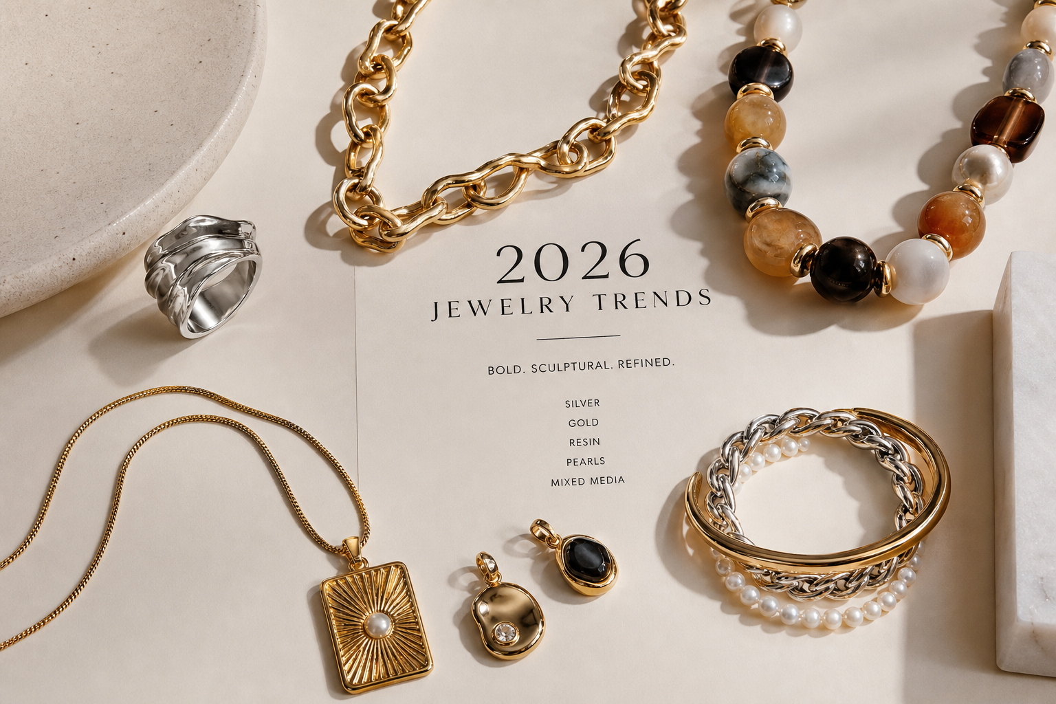 Flat lay of 2026 fashion jewelry trends including a chunky chain necklace, beaded necklace, stacked bracelets, pendant necklace, and bold ring