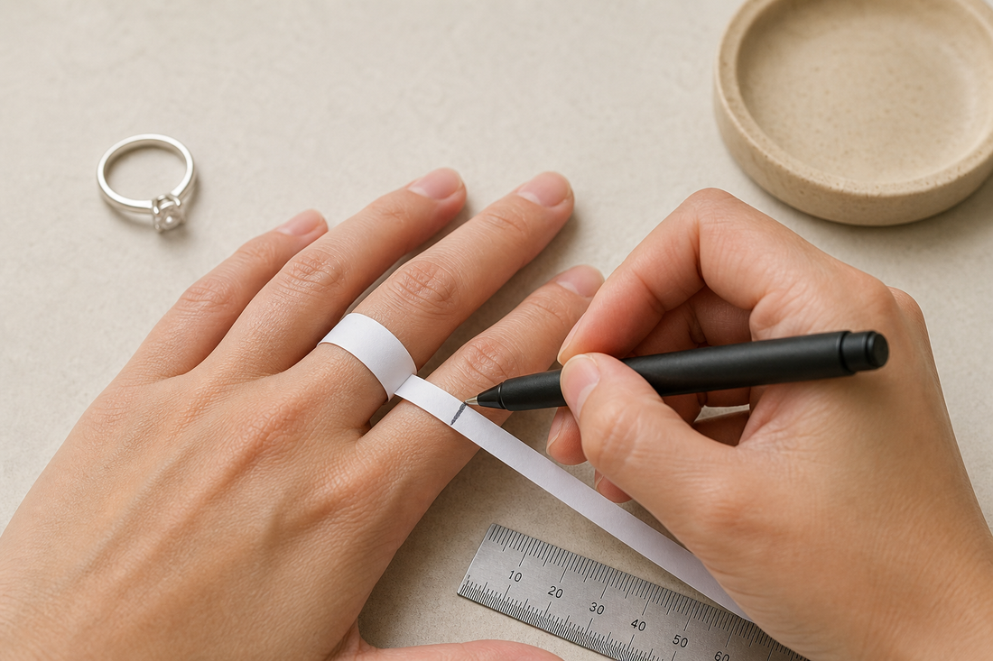 Hands measuring ring size with a paper strip and ruler on a table