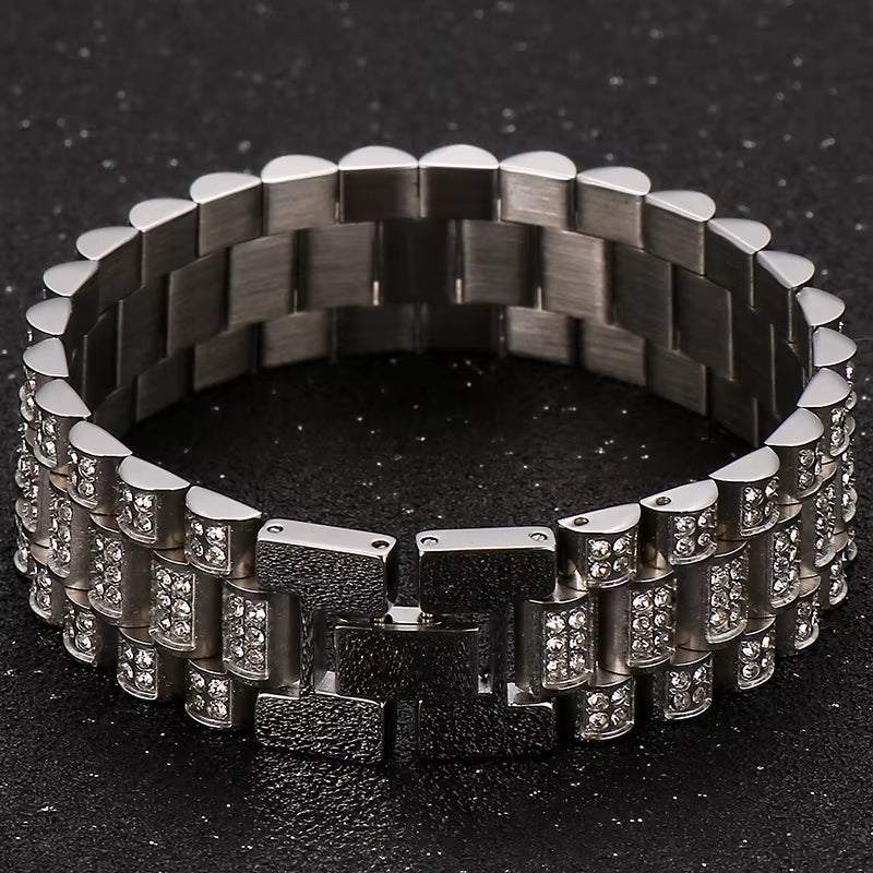 IceLink™ 18MM Gold Strap Chain Bracelet worn on wrist, wide stainless steel with high-polish gold finish, unisex street style jewelry