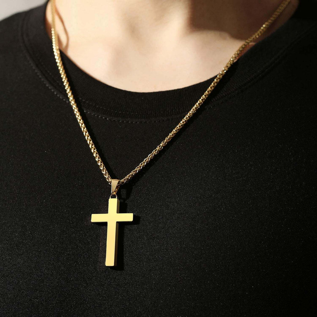 Gold Cross Necklaces for Men Boys Stainless Steel Cross Pendant Chain Catholic Religious Christian Birthday First Communion Confirmation Graduation Fathers Day Jewelry Gifts Teen Him Dad Kids
