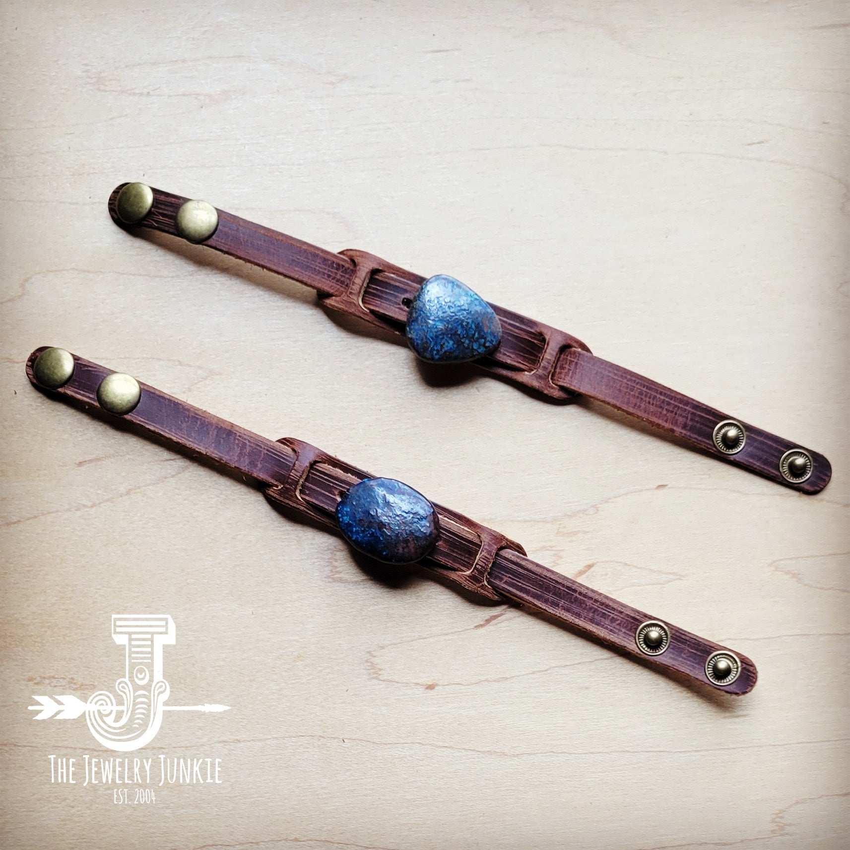 **Ocean Agate Slab on Narrow Leather Cuff 005K