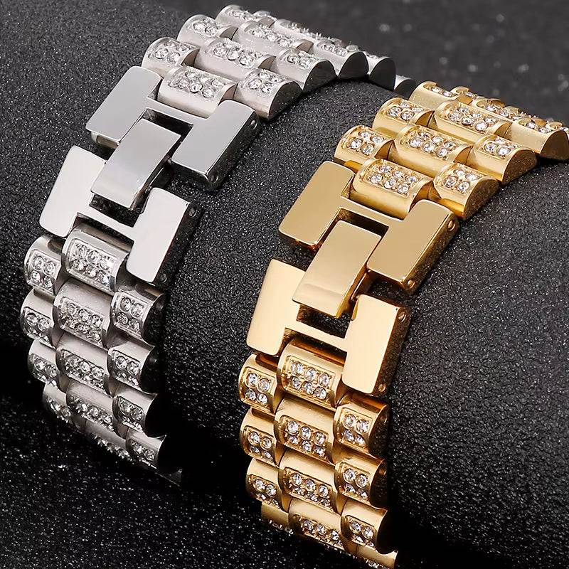 IceLink™ 18MM Gold Strap Chain Bracelet on wrist, bold wide gold stainless steel jewelry for men and women