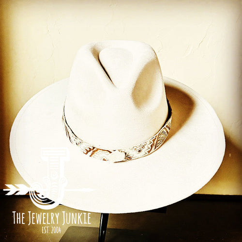 **Bandeau de Chapeau en Cuir Gaufré Aztèque Doré Uniquement avec Dalle de Turquoise Blanche 952a