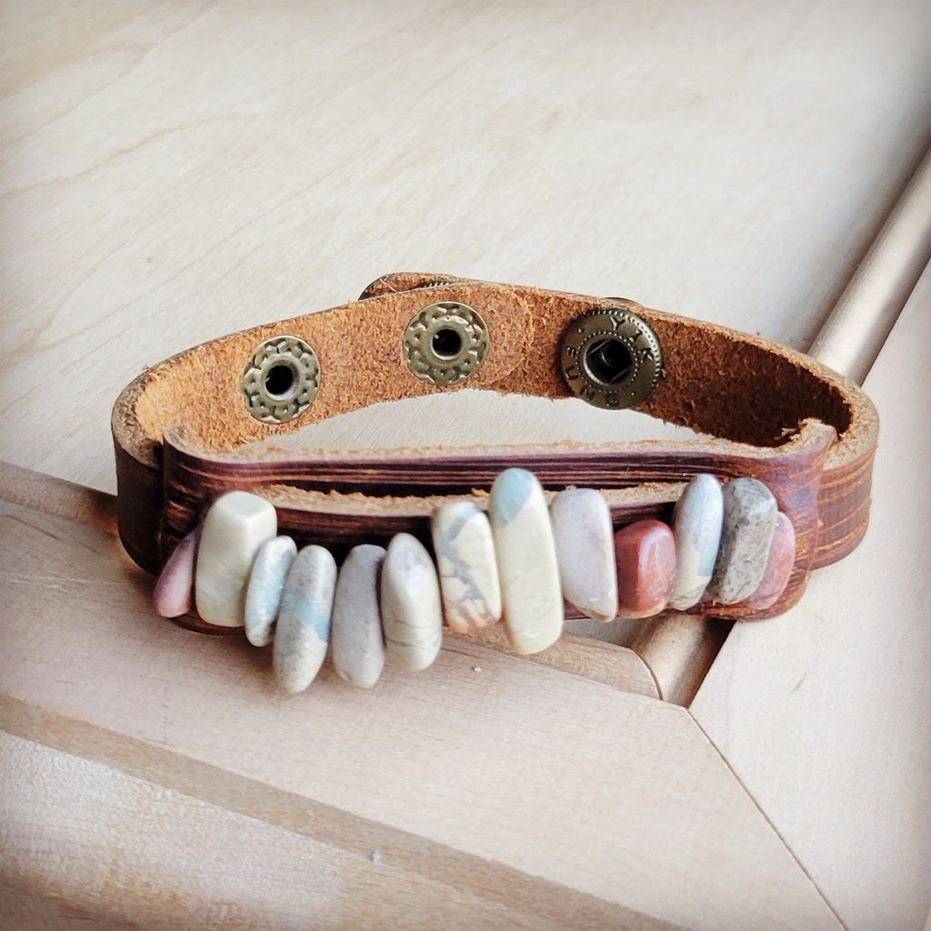 **Genuine Leather Narrow Cuff with Aqua Terra Stones 005f