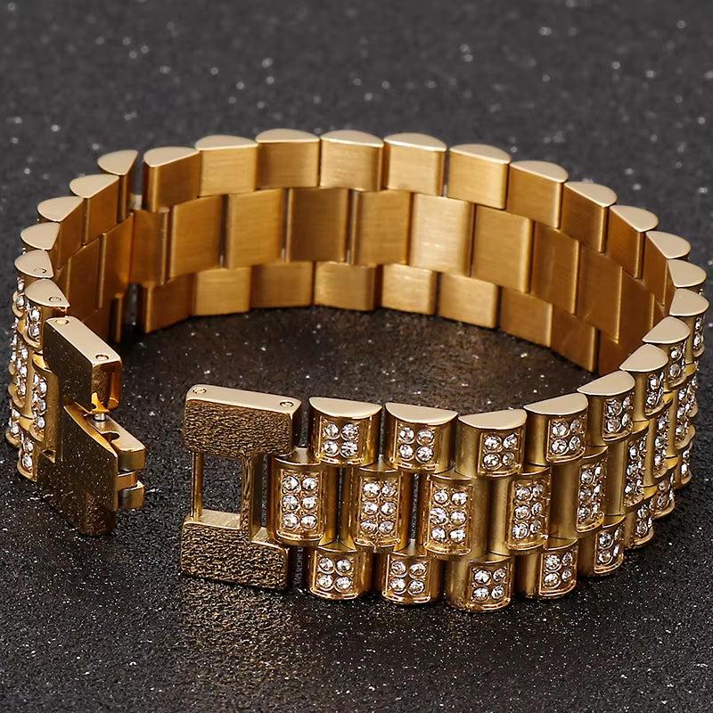 IceLink™ 18MM Gold Strap Chain Bracelet on wrist, wide stainless steel with high-polish gold finish, unisex street style jewelry
