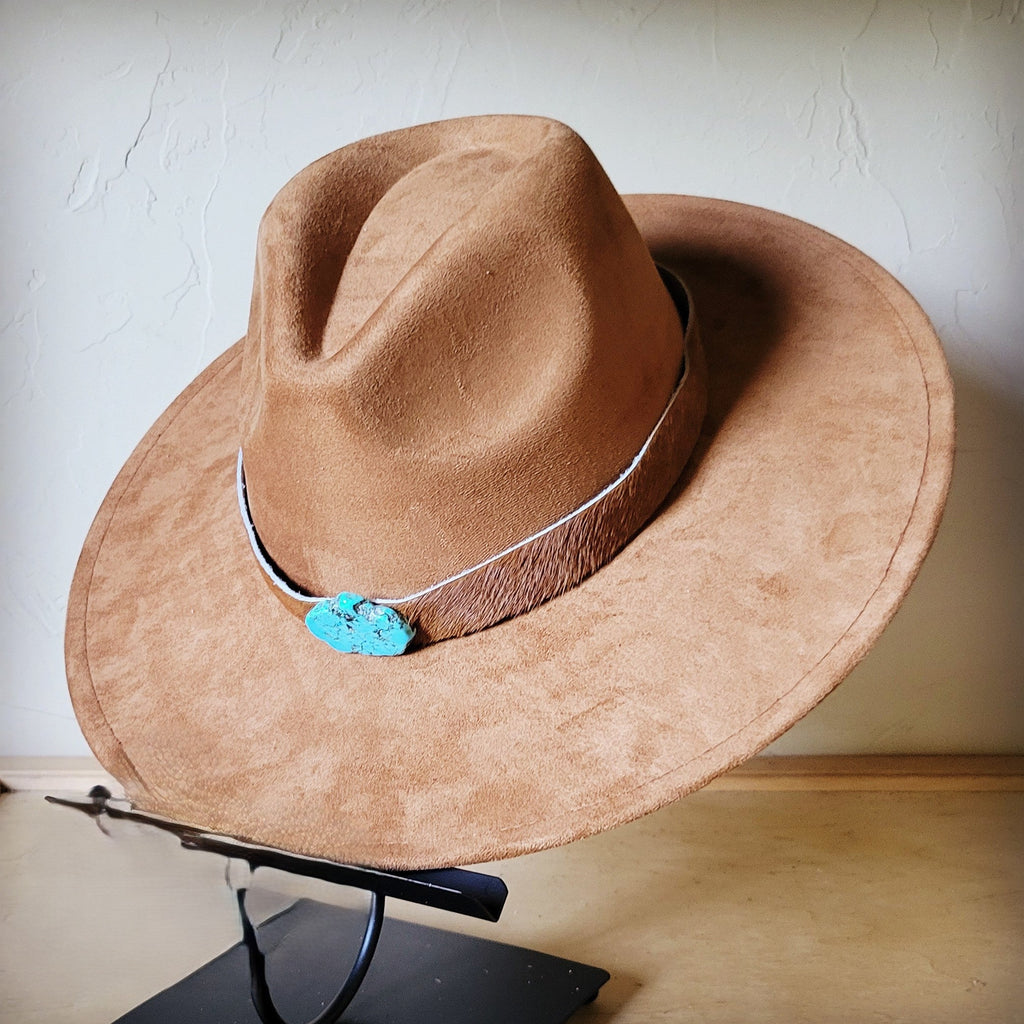 Brown Hide Turquoise Slab Leather Band + Choice of Boho Hat 985s