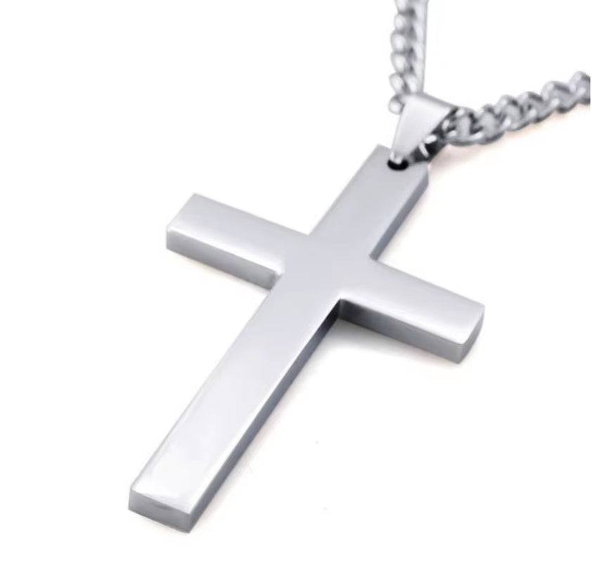 Titanium steel cross sweater chain necklace with bold unisex layering pendant on cozy knitwear