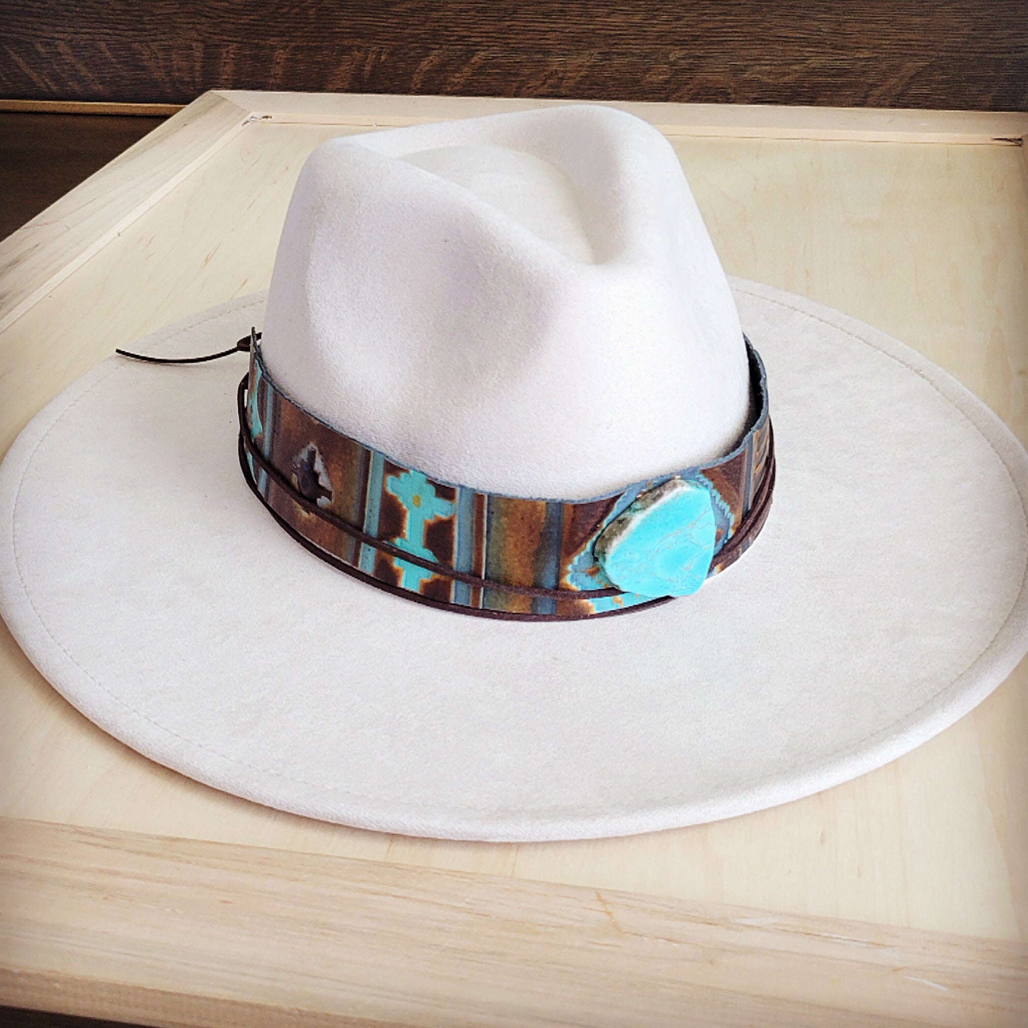 Wide Genuine Leather Blue Navajo Hat Band w/ Turq 953j