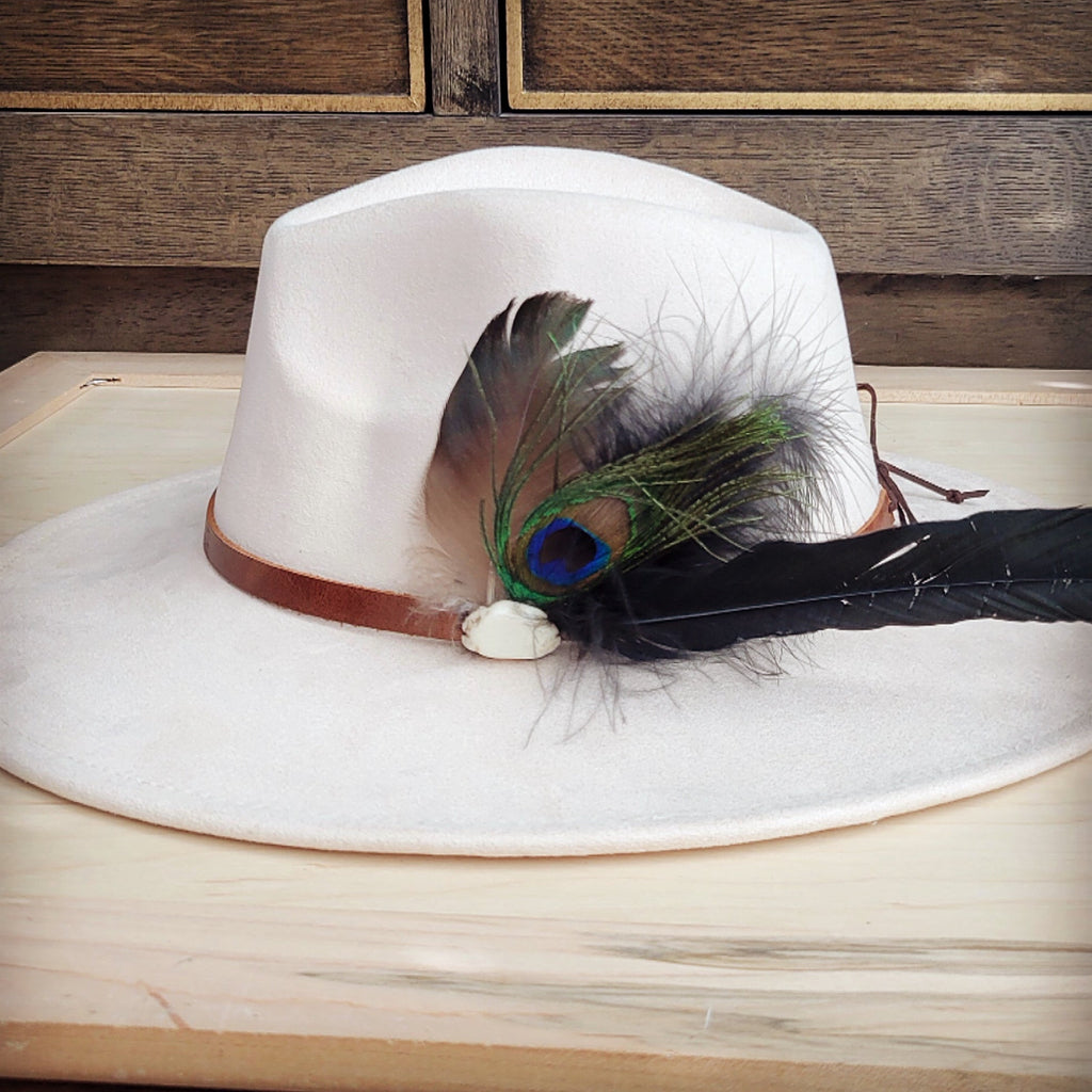 Genuine Leather Tan Hat Band w/ Peacock & Spotted Feathers 953c