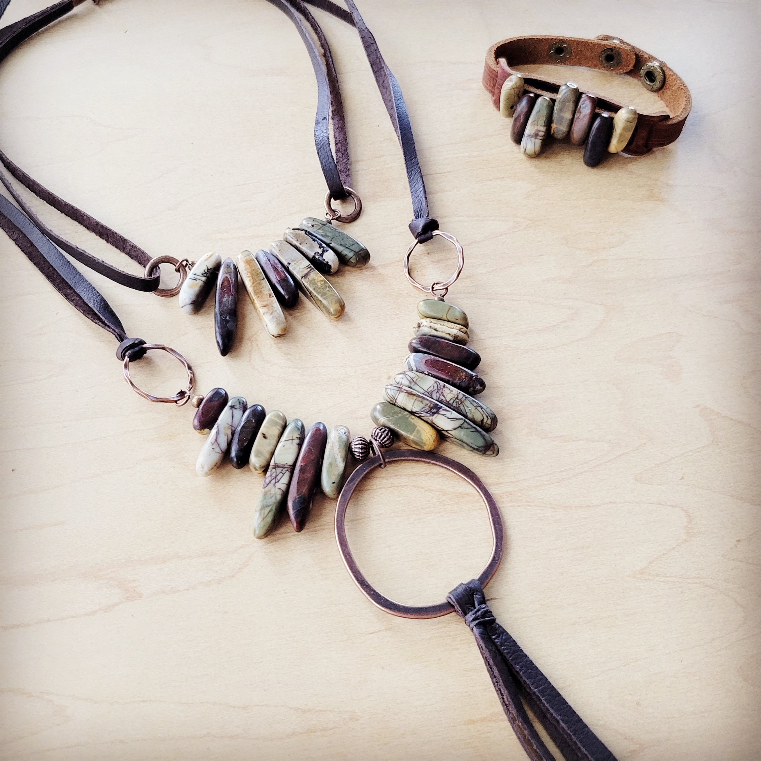 Picasso Jasper Stone Collar Necklace w/ Genuine Leather Cord 261f
