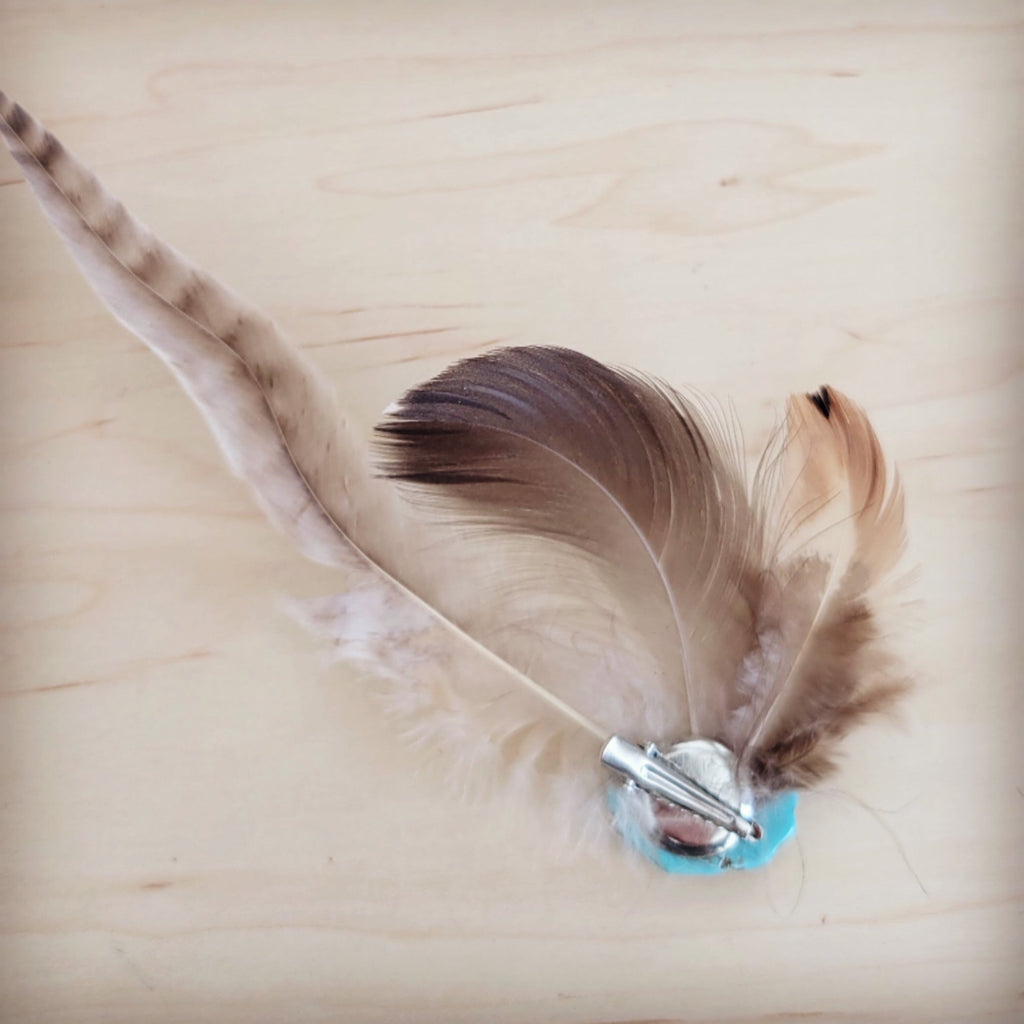 Clip-On Feather Hat Band-Blue Turq w/ Tan Feathers 954p
