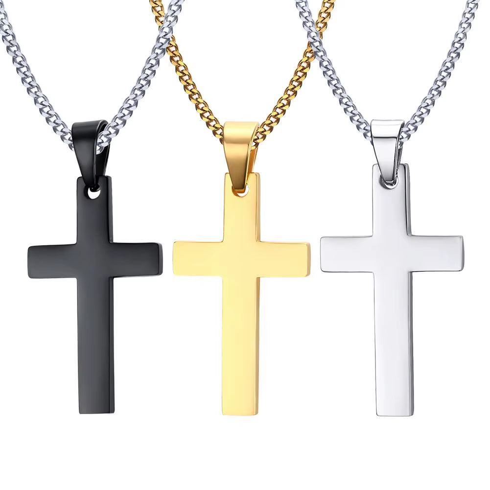 Titanium steel cross necklace with bold pendant on sweater, unisex layering jewelry for autumn and winter style