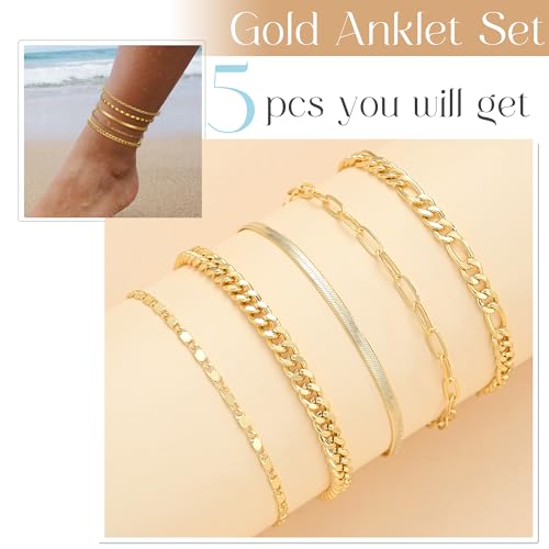 iF YOU Gold Ankle Bracelets for Women - 5pc Layered Set