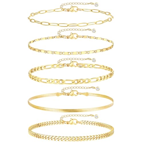 iF YOU Gold Ankle Bracelets for Women - 5pc Layered Set