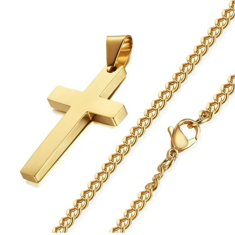 Titanium steel cross pendant necklace on sweater chain, unisex bold layering accessory