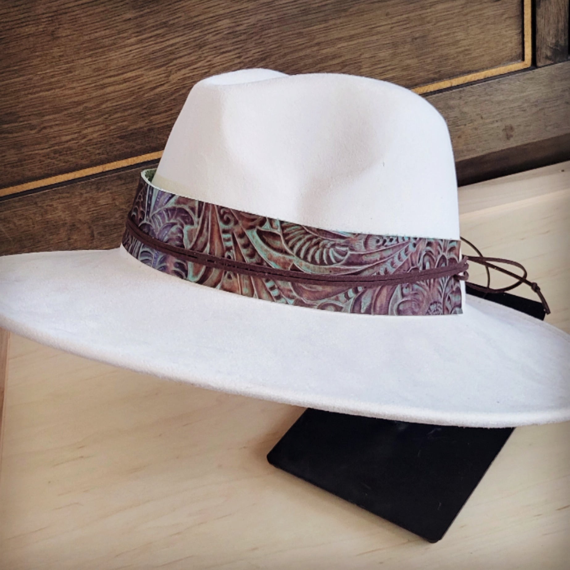 Wide Genuine Leather Brown Floral Hat Band Only 954g