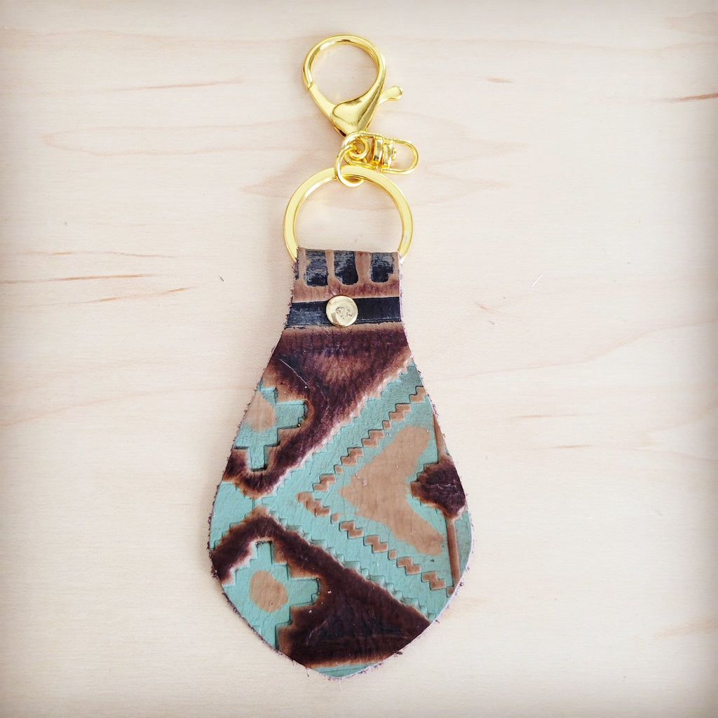 Embossed Leather Key Chain - Turquoise Navajo 700b