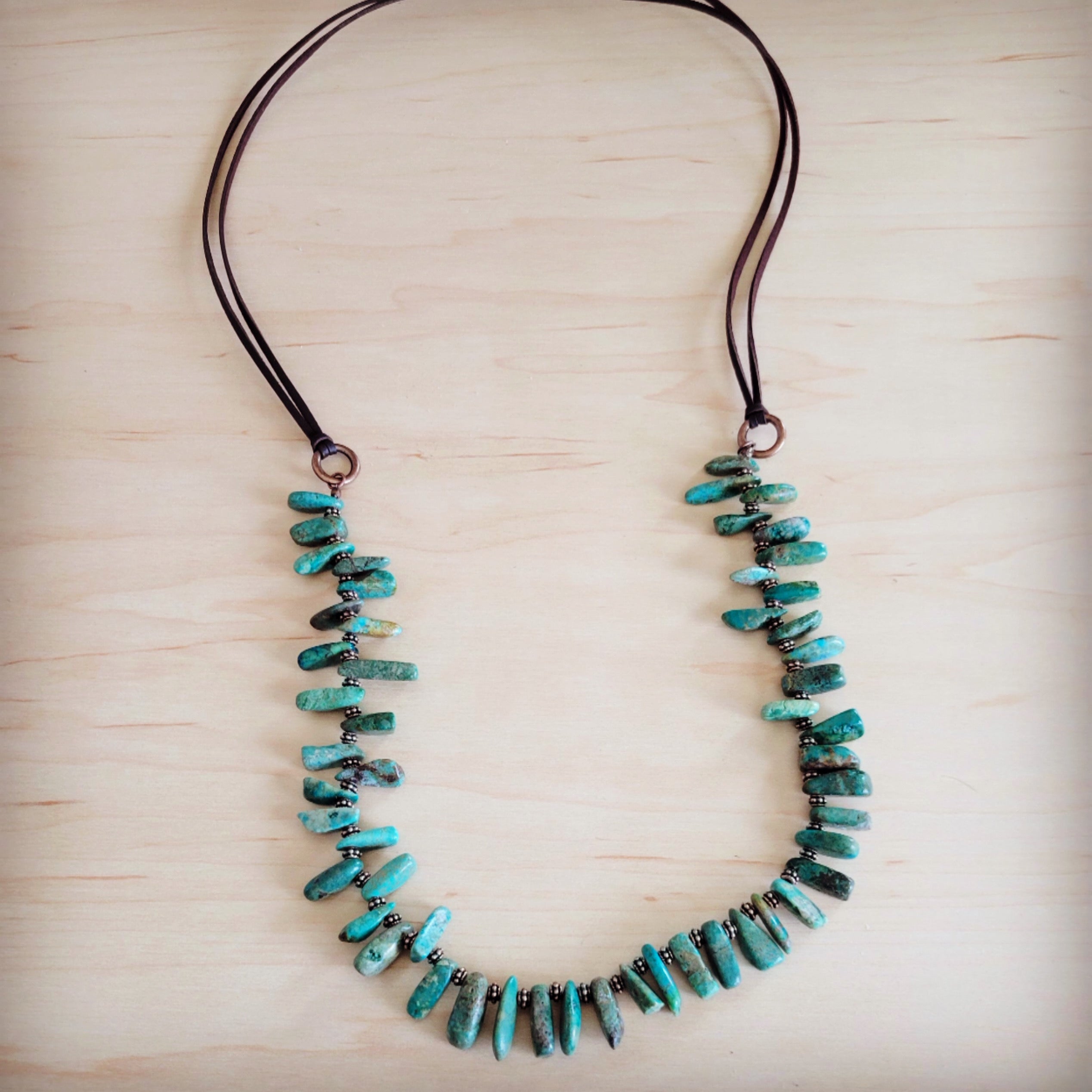 Natural Turquoise Stacked Stone Necklace with Leather Ties 263e