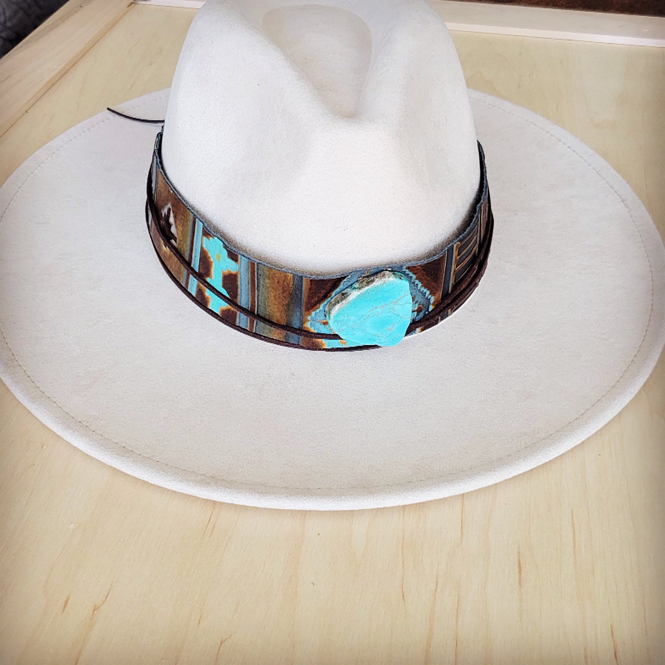 Wide Genuine Leather Blue Navajo Hat Band w/ Turq 953j
