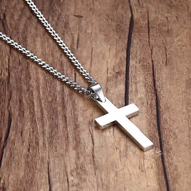 Titanium steel cross necklace with bold unisex sweater chain pendant for cold-season layering