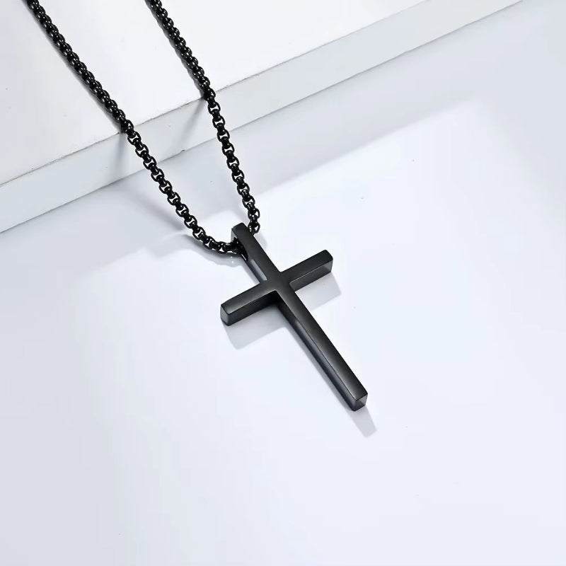 Titanium steel cross pendant on bold unisex sweater chain necklace layered over sweater