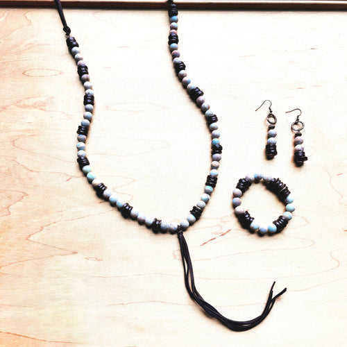 **Collier Aqua Terra Givré avec Perles en Bois et Pompom en Cuir 258a**