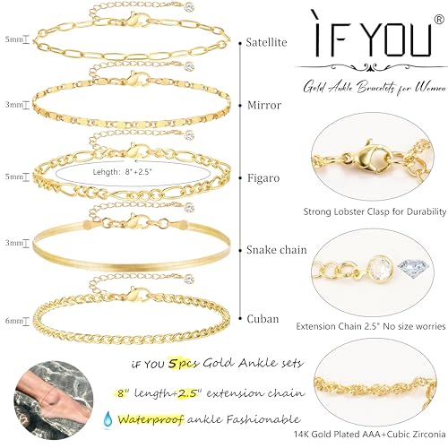 iF YOU Gold Ankle Bracelets for Women - 5pc Layered Set
