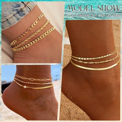 iF YOU Gold Ankle Bracelets for Women - 5pc Layered Set