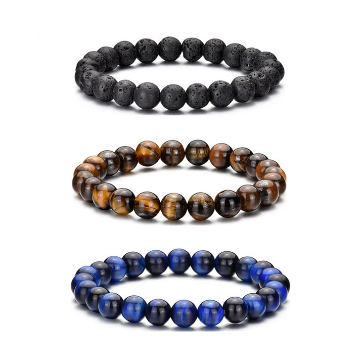 RANKEEF Tiger Eye Bracelet For Men featuring 8mm natural stone beads and black matte agate beads stacked together.