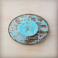 Rope Edge Turquoise Metallic Leather Belt Buckle w/ Blue Turquoise 907v
