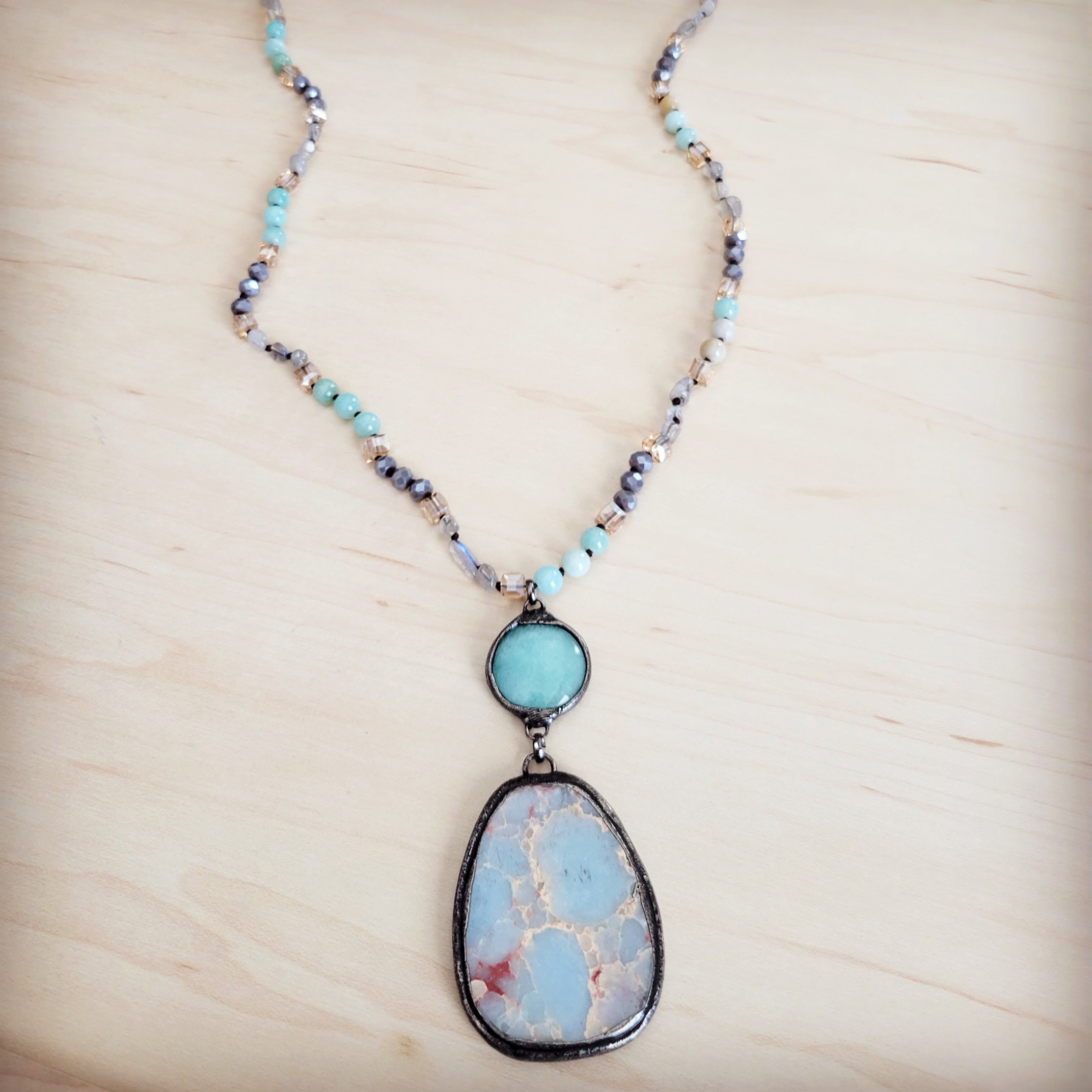 **Amazonite & Crystal Long Beaded Necklace w/ Large Jasper Pendant 262q