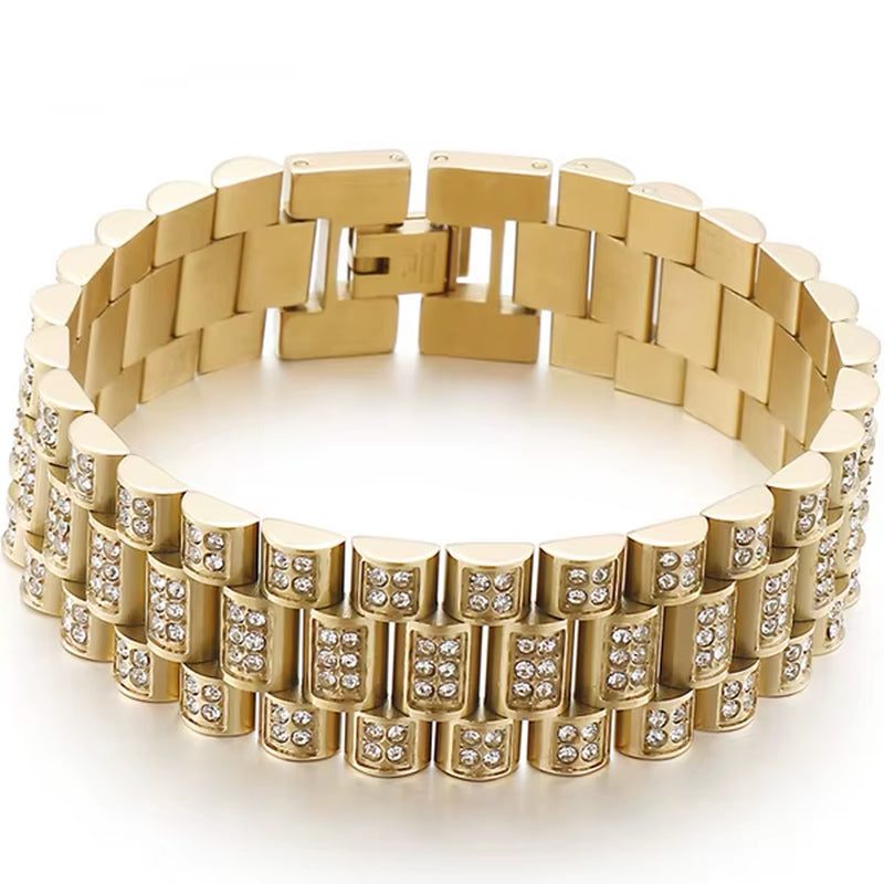 IceLink™ 18MM gold strap chain bracelet on wrist, wide stainless steel design with high-polish finish, unisex hip-hop style jewelry