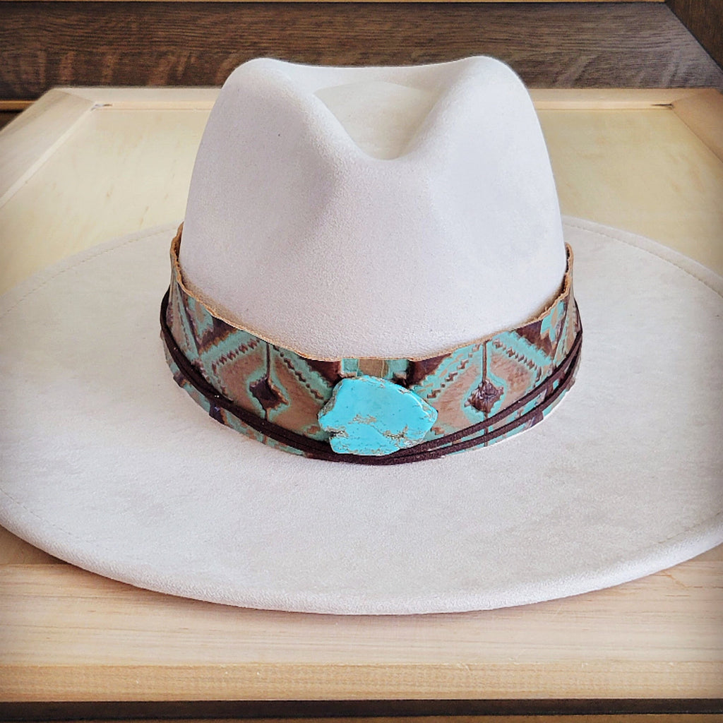Wide Genuine Leather Turquoise Navajo Hat Band w/ Turq 953i