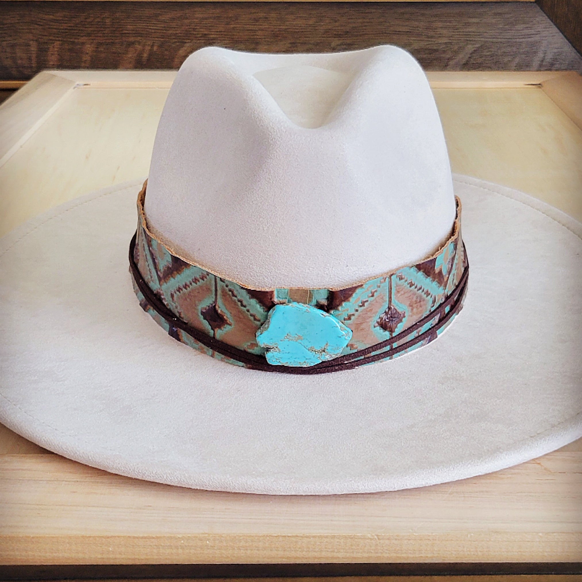 Wide Genuine Leather Turquoise Navajo Hat Band w/ Turq 953i