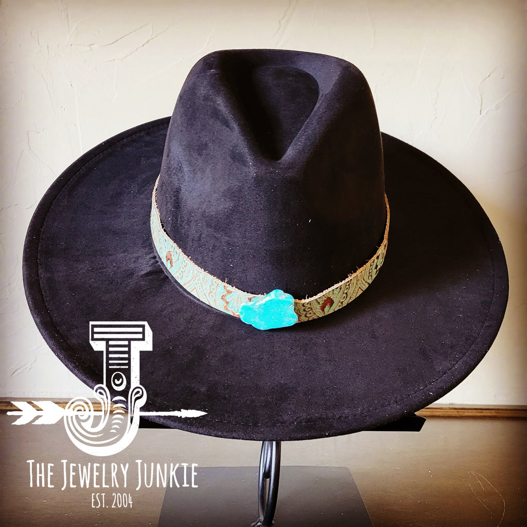 Boho Western Felt Hat w/ Choice of Leather Hat Band w/ Turquoise Slab-Black 980j
