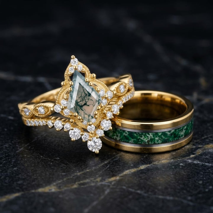 Couple Rings for Him and Her - Kite Cut Moss Agate Set