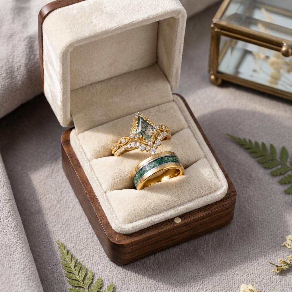 Couple Rings for Him and Her - Kite Cut Moss Agate Set