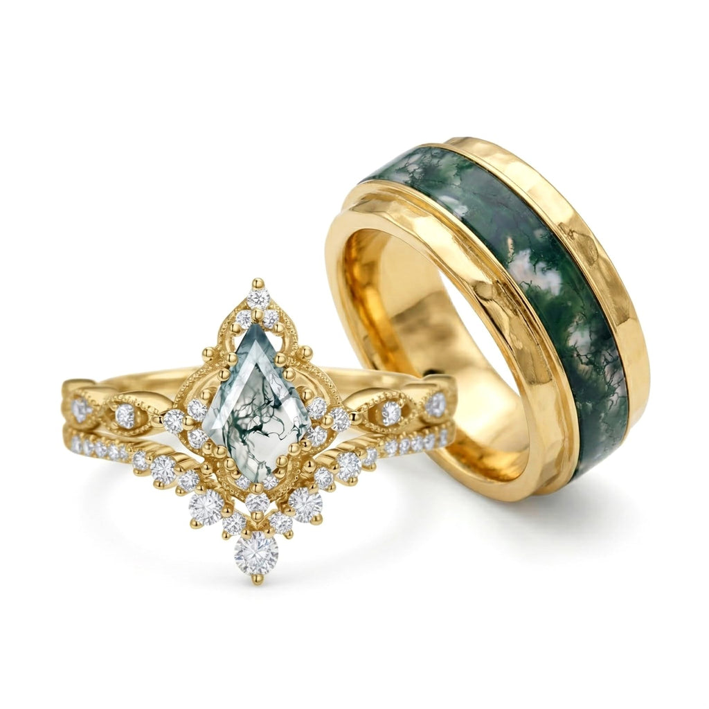 Couple Rings for Him and Her - Kite Cut Moss Agate Set