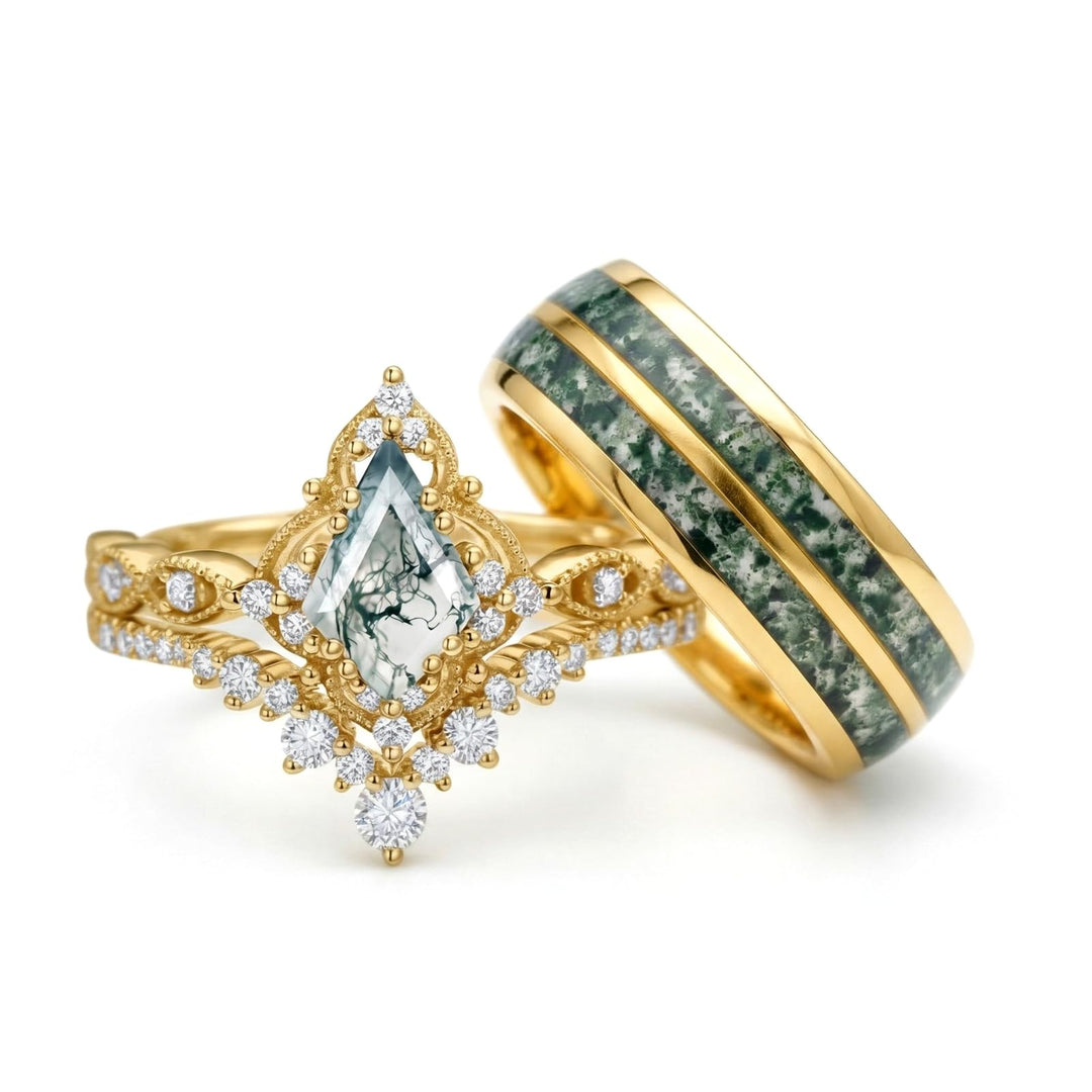 Couple Rings for Him and Her - Kite Cut Moss Agate Set