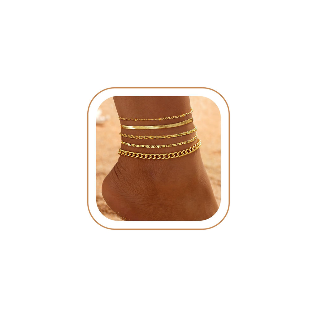 iF YOU Gold Ankle Bracelets for Women - 5pc Layered Set