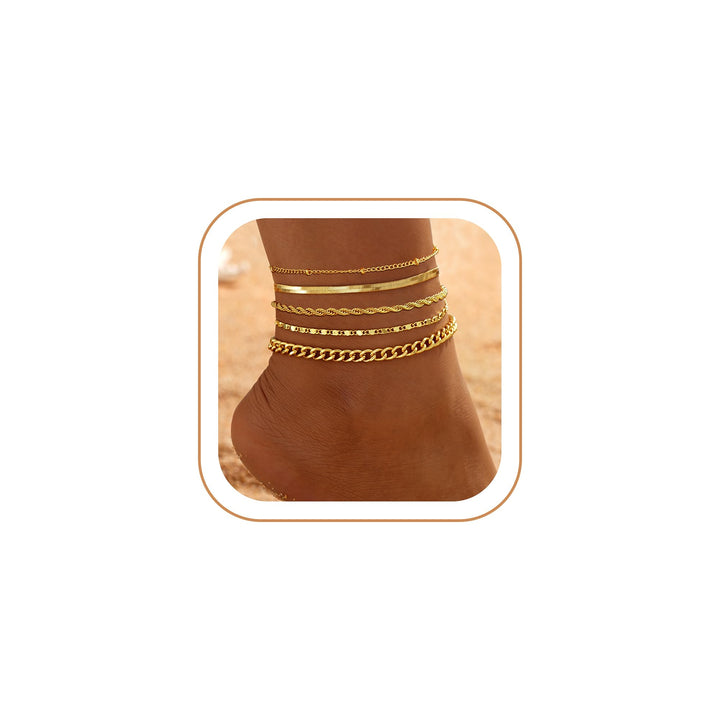 iF YOU Gold Ankle Bracelets for Women, 14k Gold Plated Waterproof Cuban Link Chain Anklets Set, Layered Anklet Bracelets for Women Beach Gift Adjustable Size 5pc