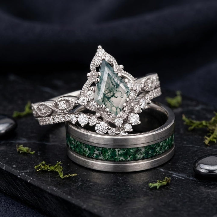 Couple Rings for Him and Her - Kite Cut Moss Agate Set