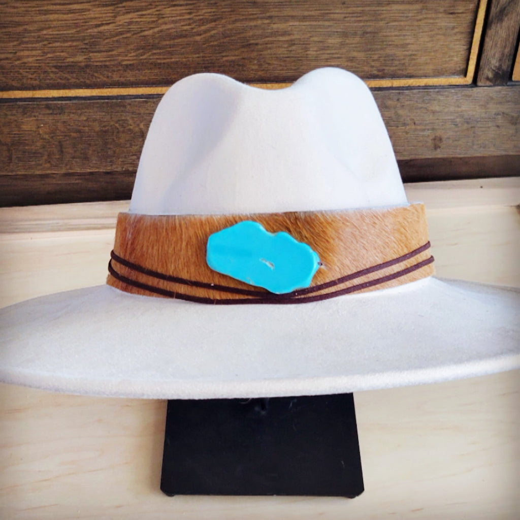 Wide Leather Hair Hide Tan Hat Band w/ Turq 954a