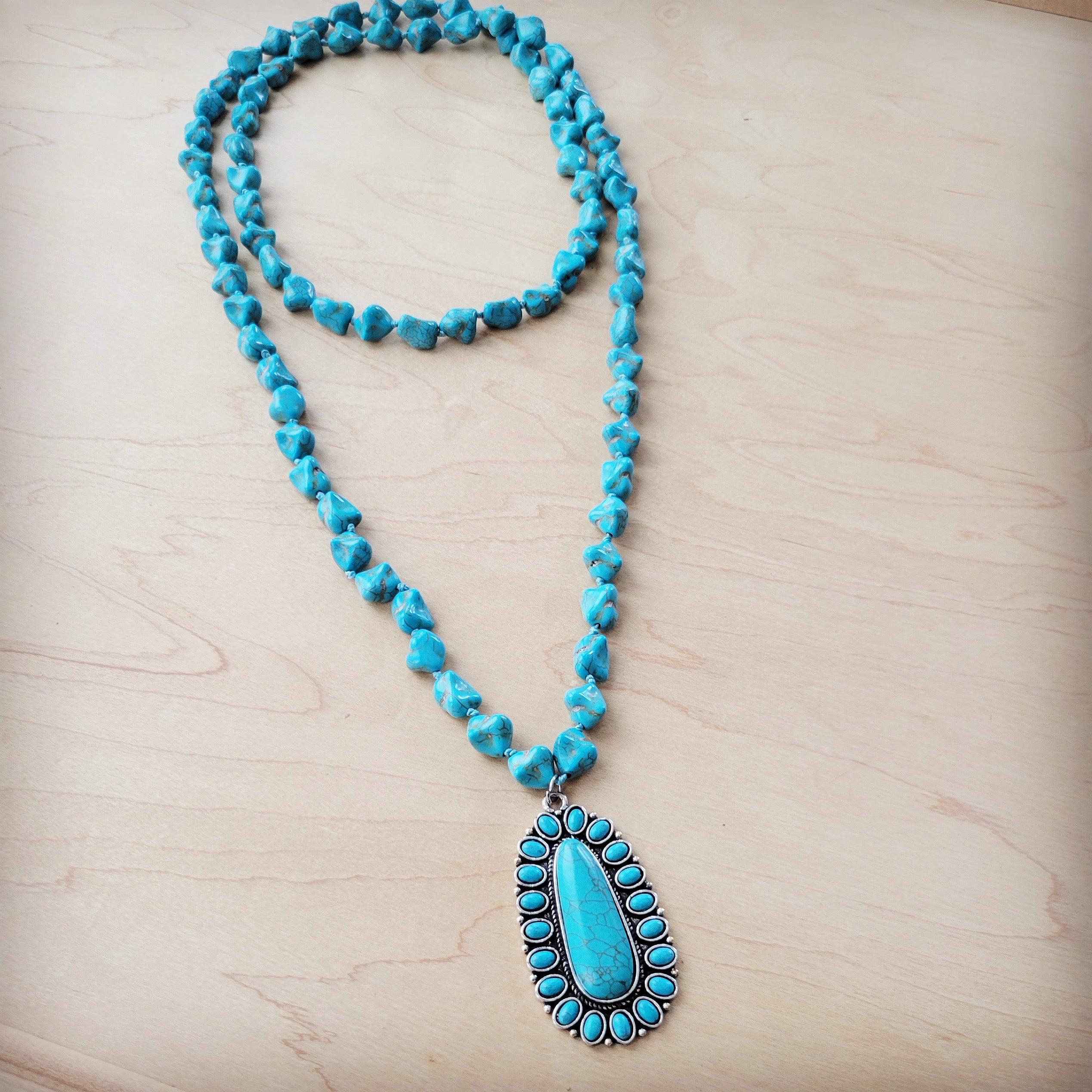 **Long Western Turquoise Beaded Necklace w/ Squash Blossom Pendant 261w