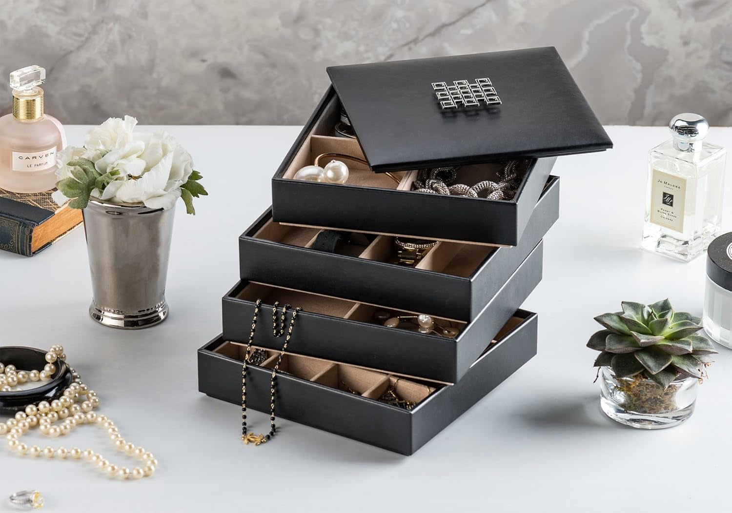 Co Jewelry Organizer Tray - 4 Stackable Trays & Lid with Mirror - 27 Slot Storage for Drawer, Dresser - Black