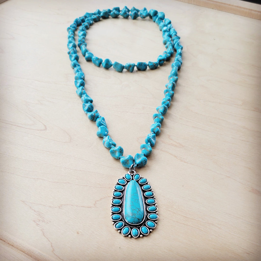 **Long Western Turquoise Beaded Necklace w/ Squash Blossom Pendant 261w