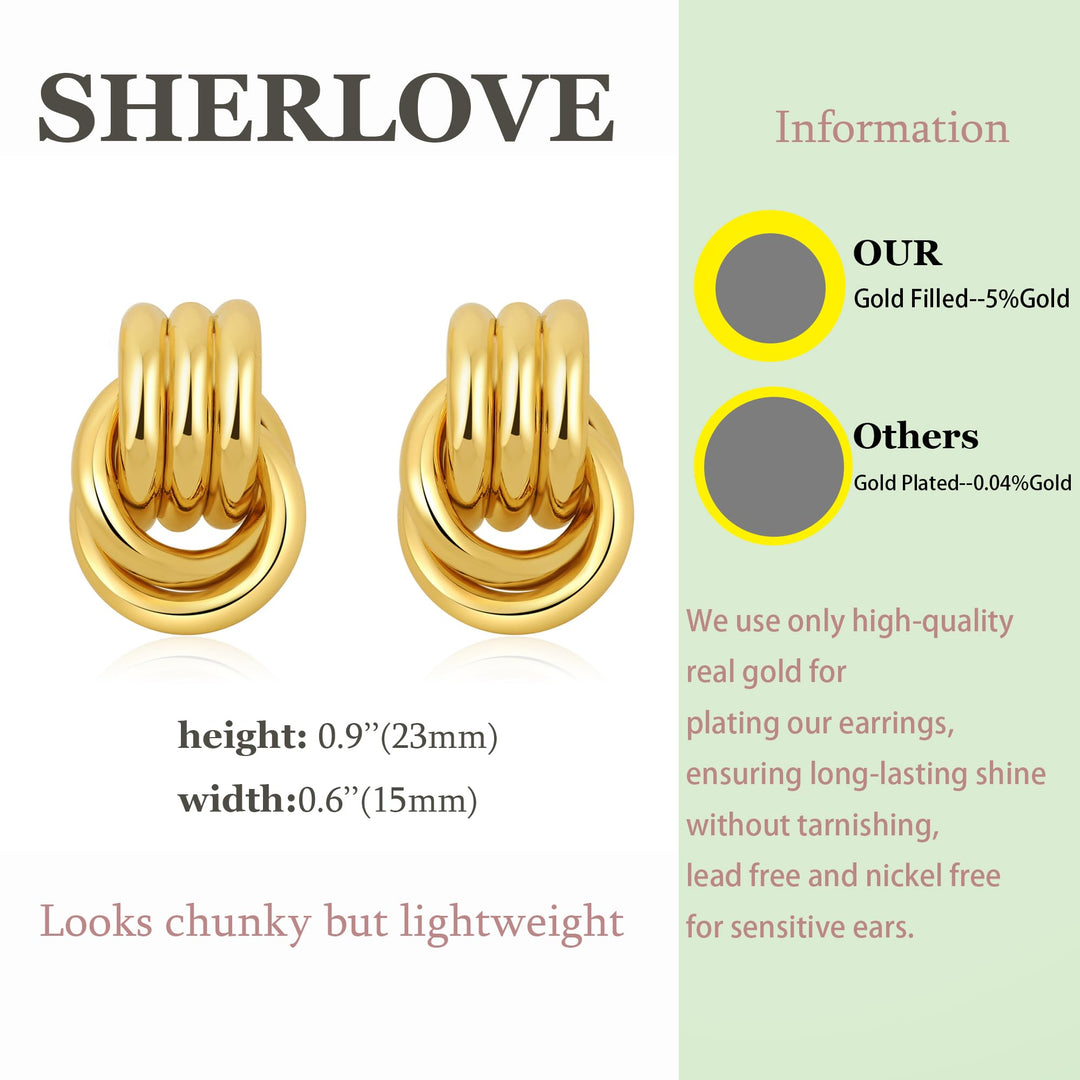 SHERLOVE Trendy Gold Plated Knot Earrings for Women Chunky Statement Drop Dangle Earrings Lightweight Hypoallergenic Fashion Accessories Gold Jewelry Gifts for Womens
