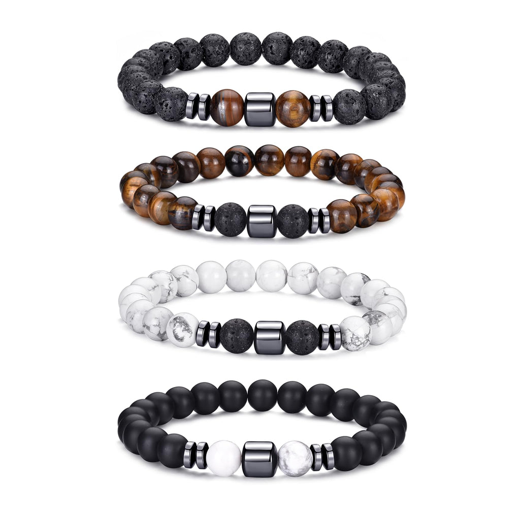 RANKEEF Tiger Eye Bracelet For Men featuring 8mm natural stone beads and black matte agate beads stacked together.