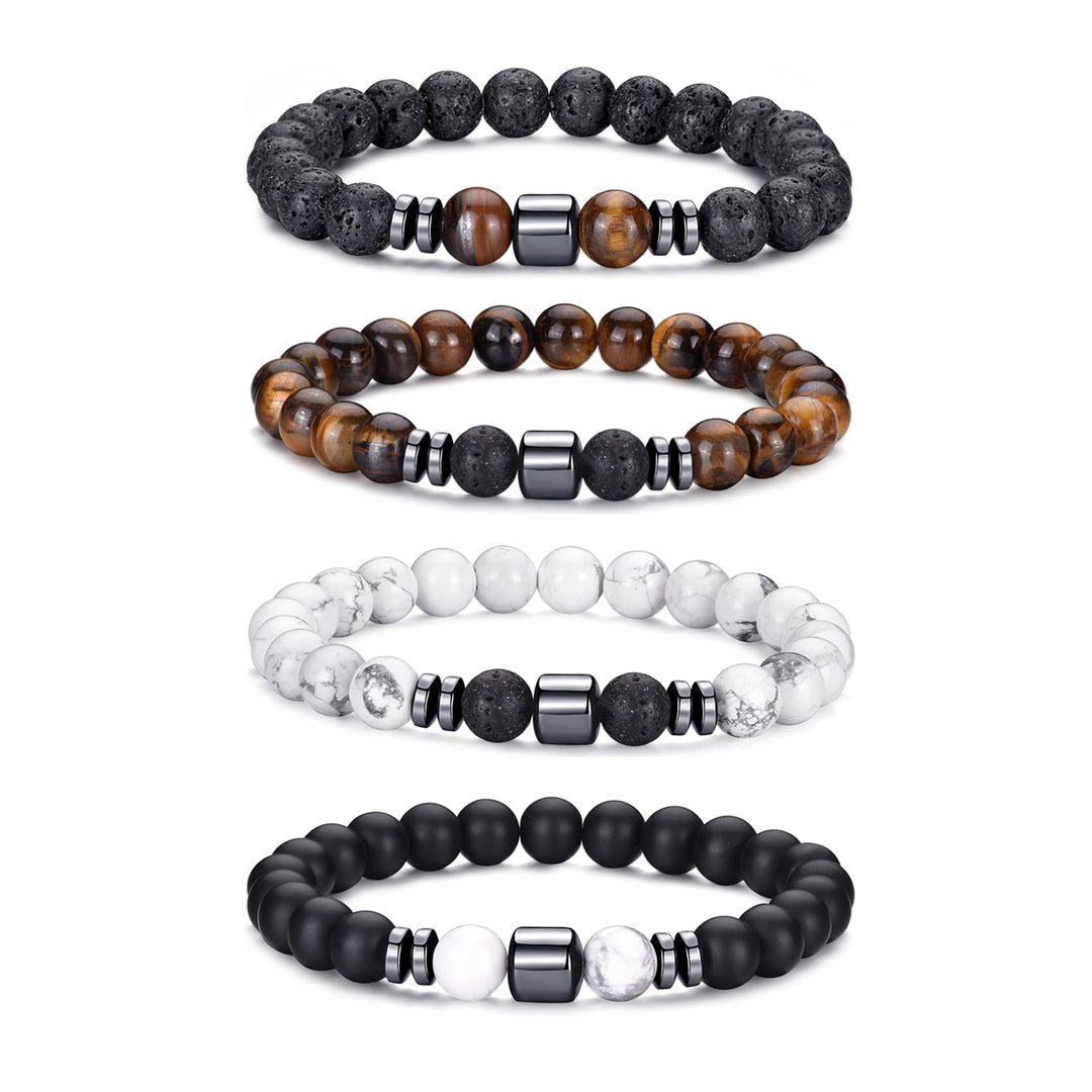 RANKEEF Tiger Eye Bracelet For Men featuring 8mm natural stone beads and black matte agate beads stacked together.